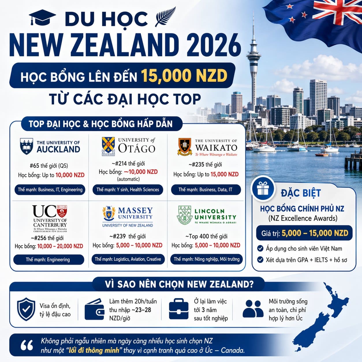 Học Bổng Chính Phủ New Zealand 2026: Cơ Hội Nhận 15,000 NZD Từ 6 Đại Học Top Đầu